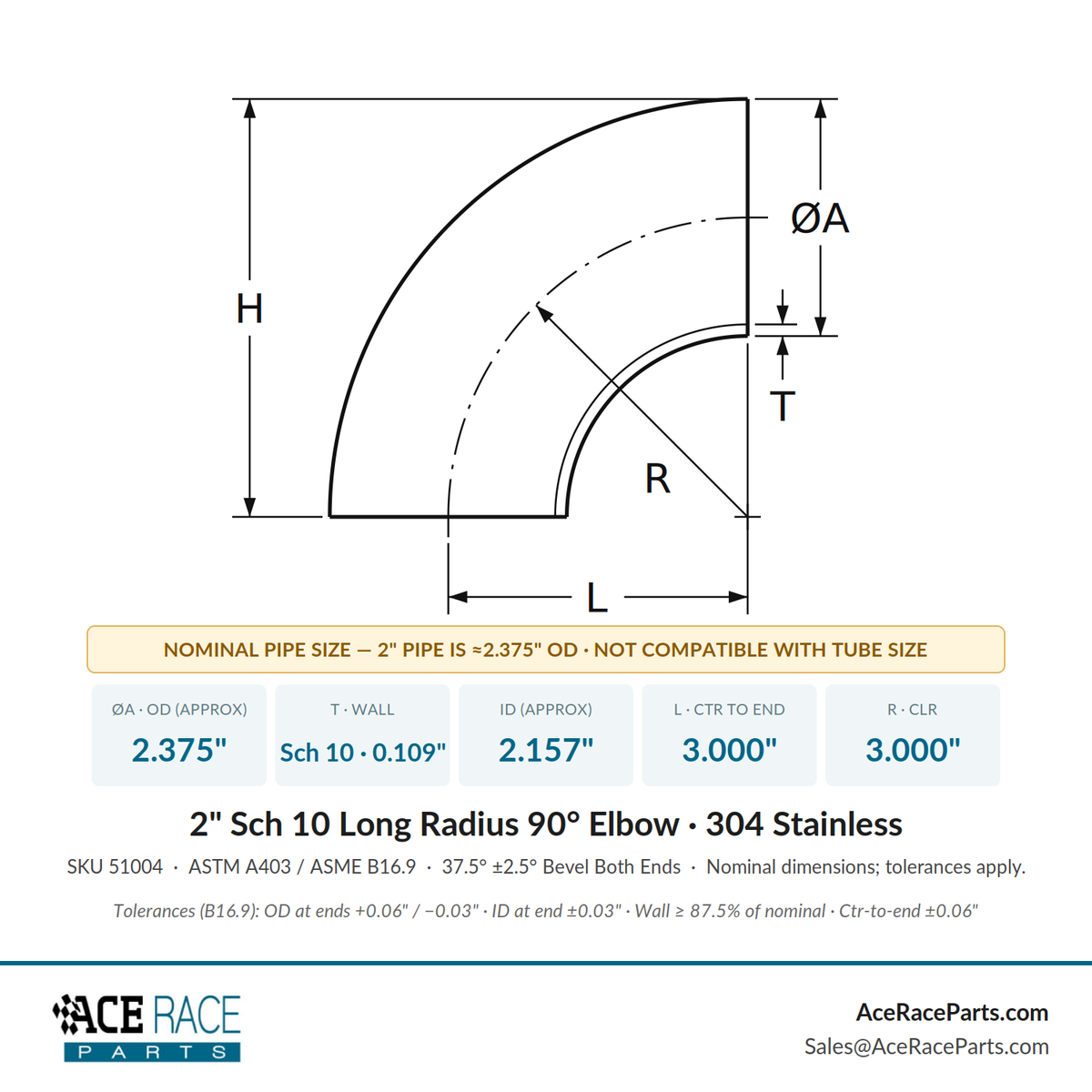 2" Schedule 10 Long Radius 90° Elbow 304 Stainless