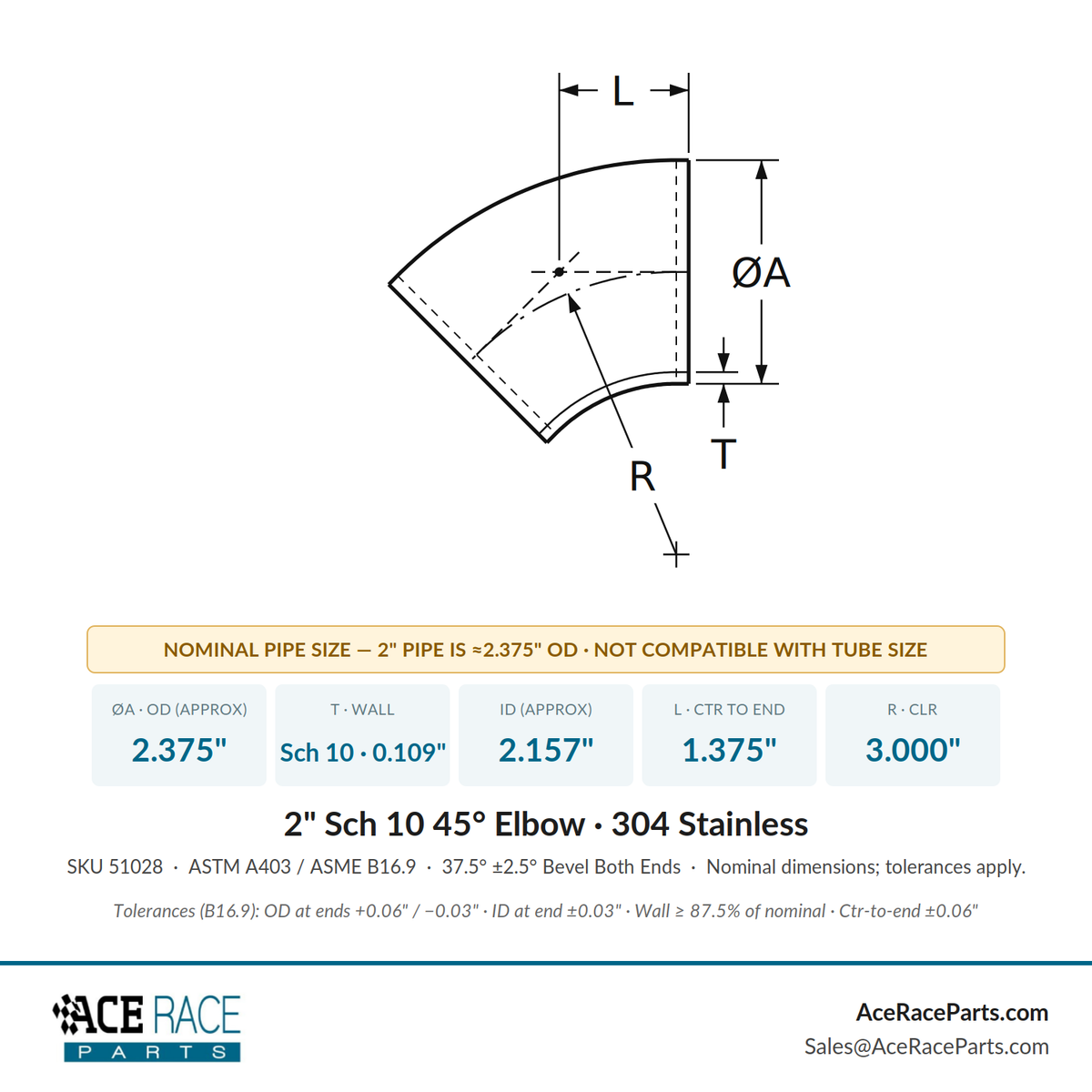 2" Schedule 10 45° Elbow 304 Stainless