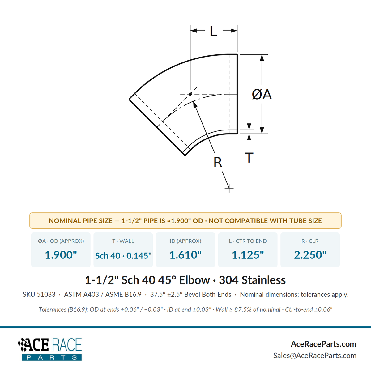1-1/2" Schedule 40 45° Elbow 304 Stainless