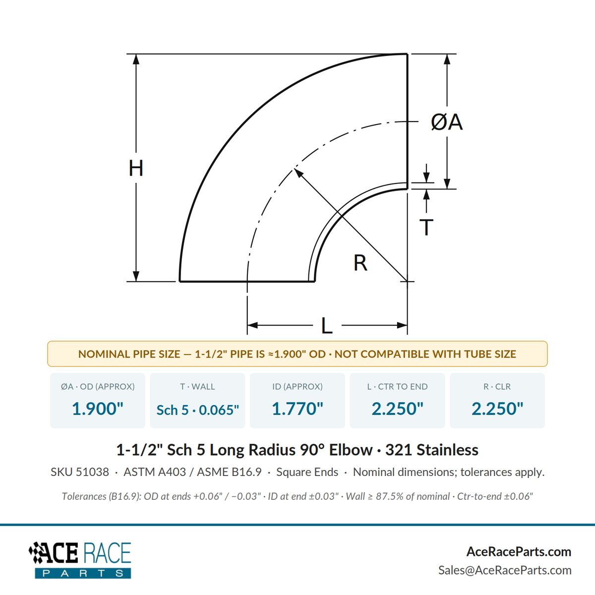 1-1/2" Schedule 5 Long Radius 90° Elbow 321 Stainless
