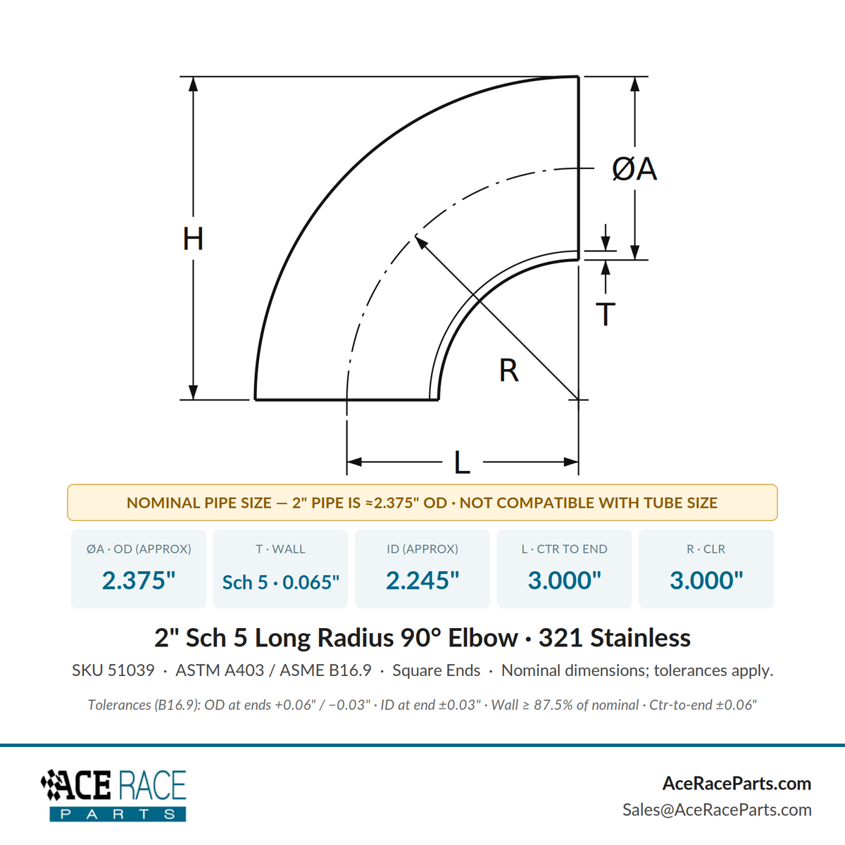2" Schedule 5 Long Radius 90° Elbow 321 Stainless