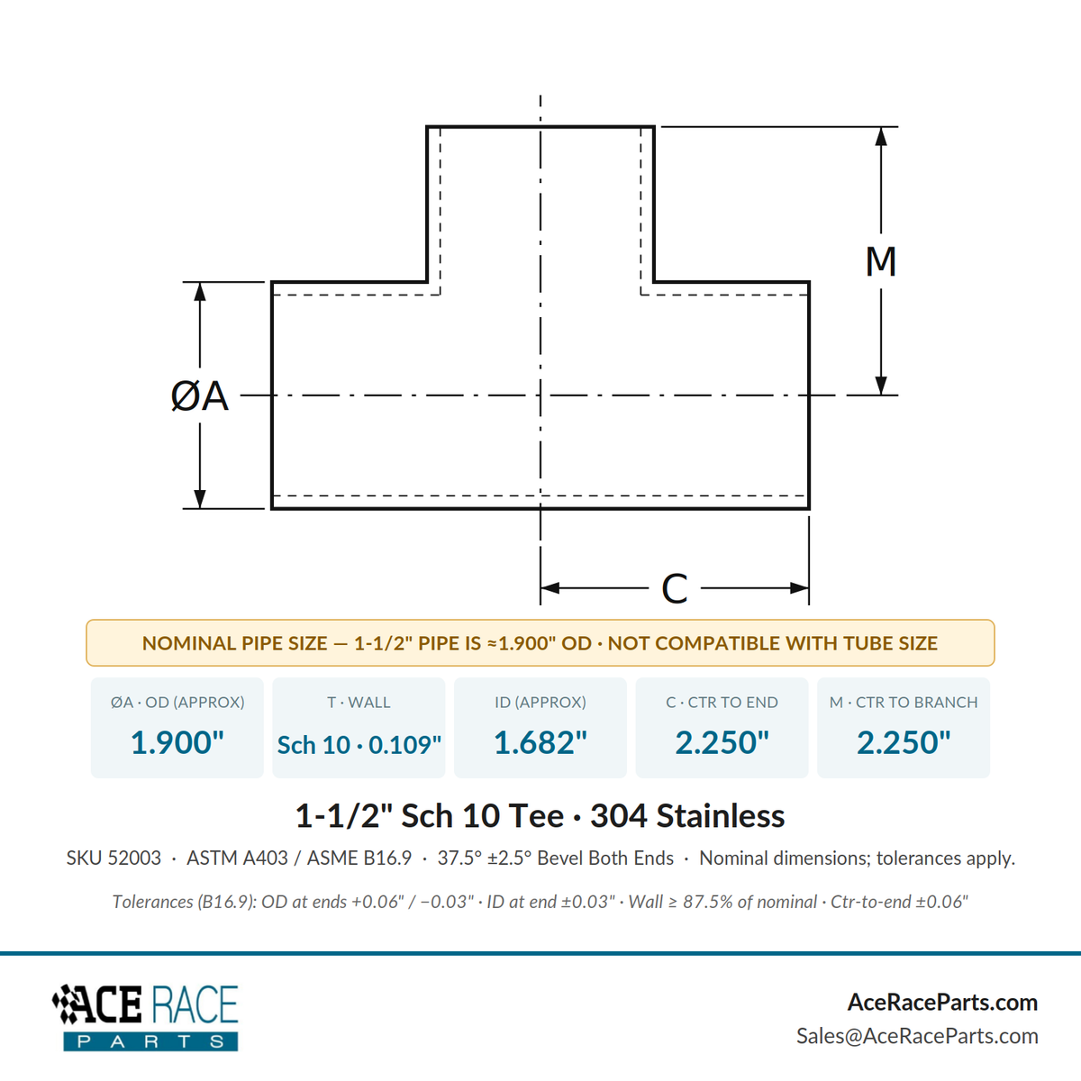 1-1/2" Schedule 10 Tee 304 Stainless