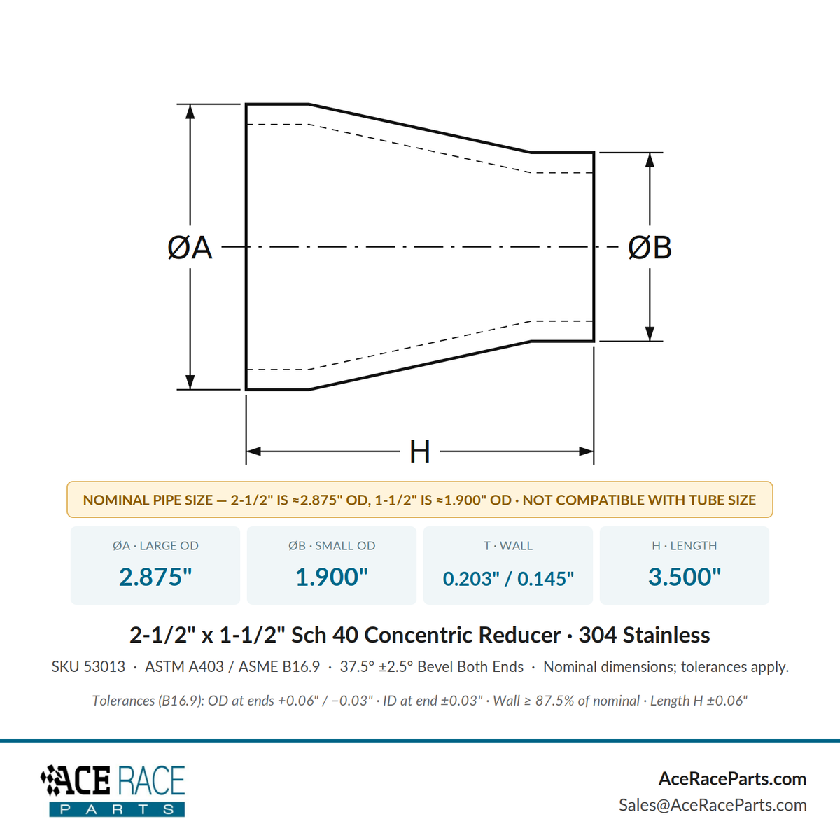 2-1/2" x 1-1/2" Schedule 40 Concentric Reducer 304 Stainless