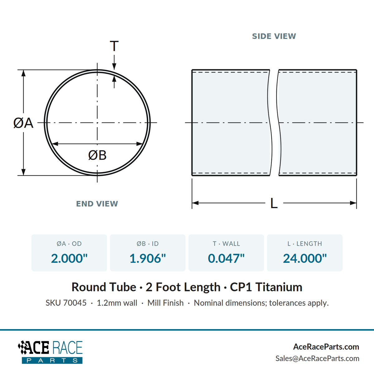 2.000" OD x 0.047" (1.2mm) Wall Tube CP1 Titanium - 2 Foot Length