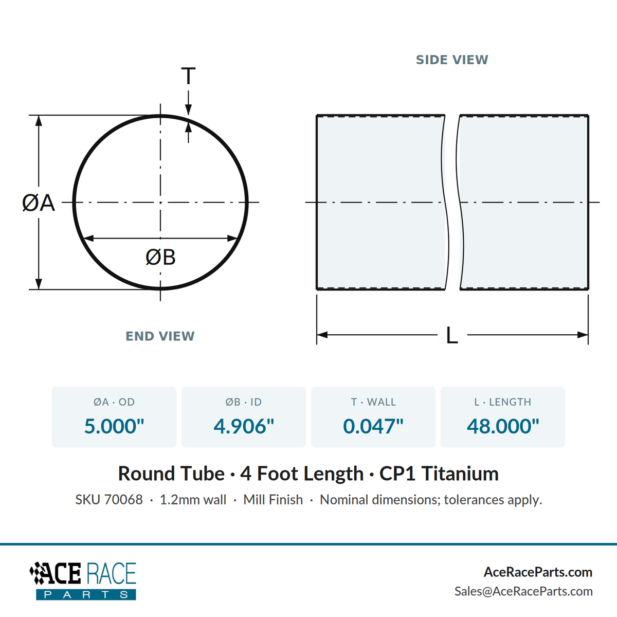 5.000" OD x 0.047" (1.2mm) Wall Tube CP1 Titanium - 4 Foot Length