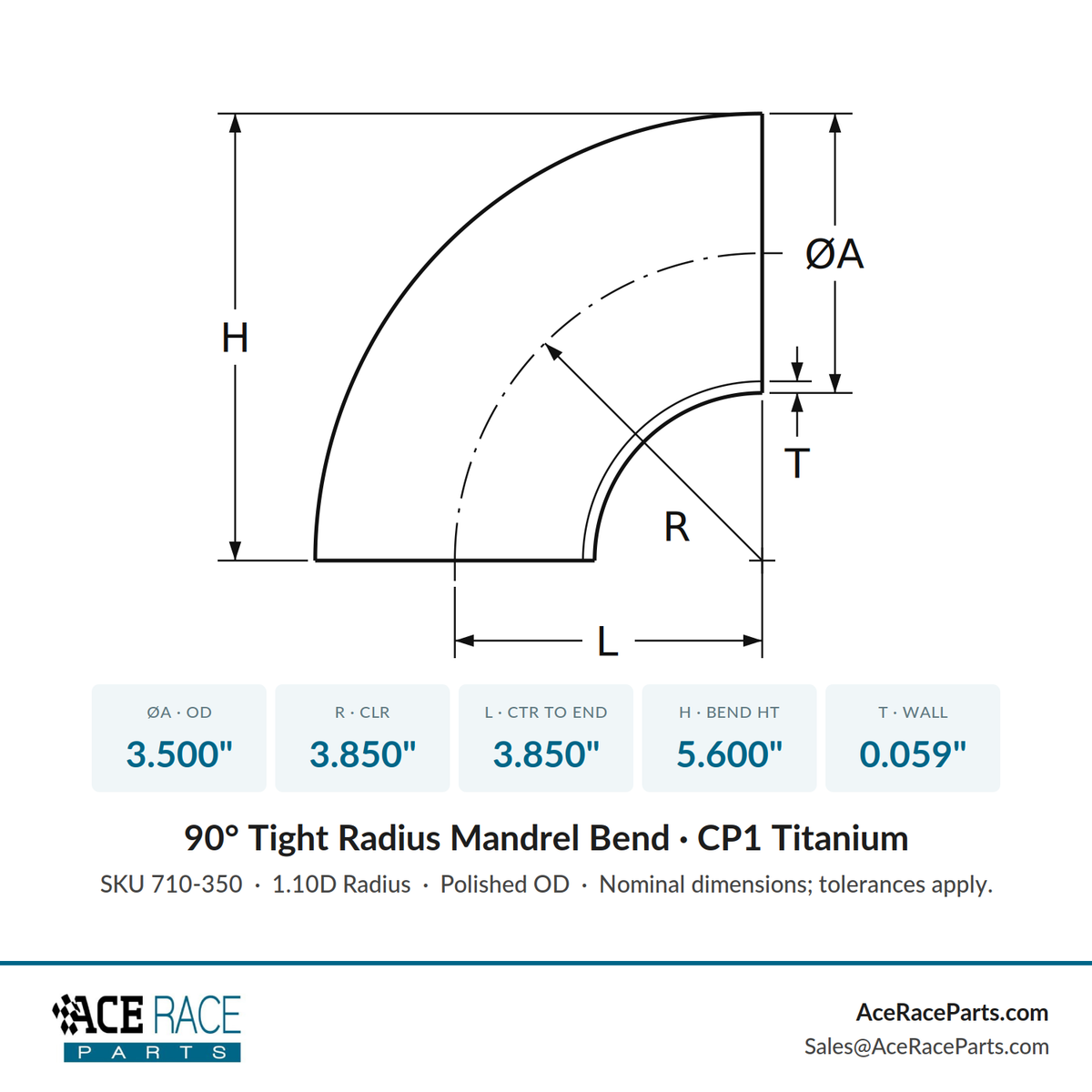 3.500" OD x 0.059" (1.5mm) Tight Radius 90° Mandrel Bend - (3.850" CLR) - CP1 Titanium