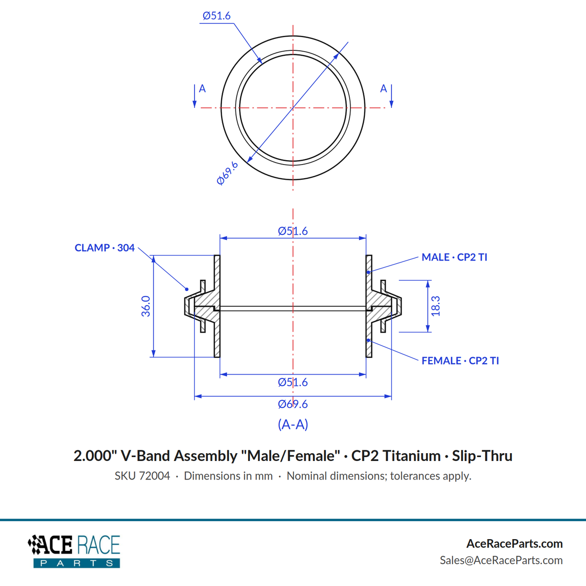 2.000" V-Band Assembly "Male/Female" CP2 Titanium