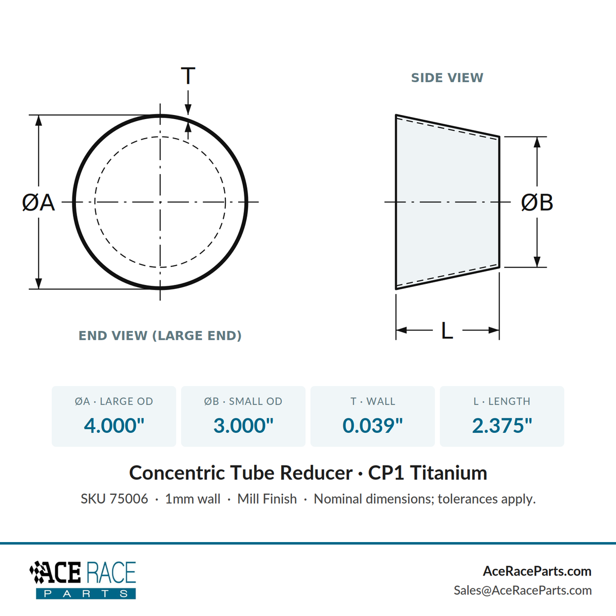 4.000" OD x 3.000" OD 0.039" (1mm) Reducer CP1 Titanium - (2.375" Long)
