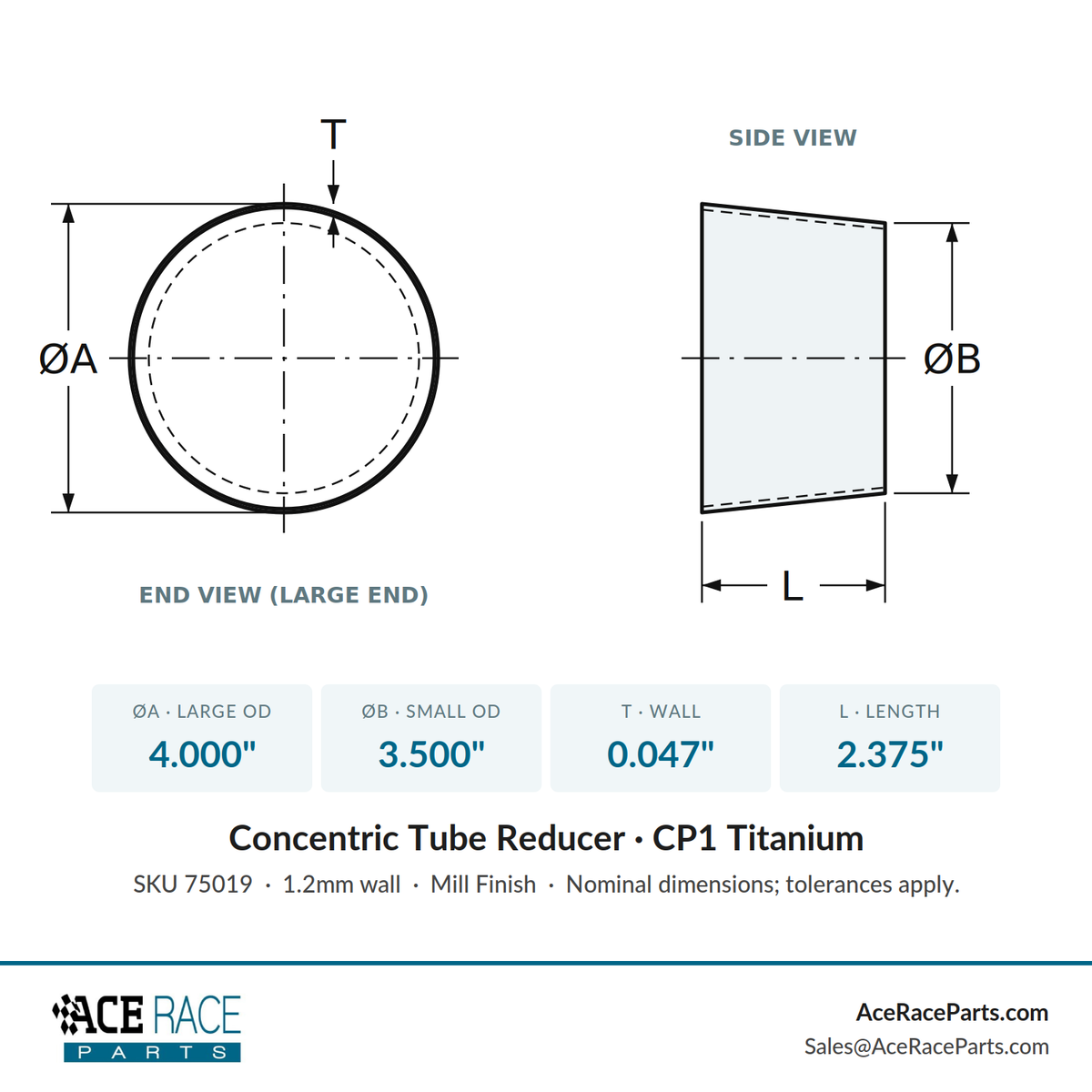 4.000" OD x 3.500" OD 0.047" (1.2mm) Reducer CP1 Titanium - (2.375" Long)