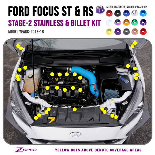 ZSPEC "Stage 2" Dress Up Bolts® Fastener Kit for Ford Focus RS & ST, Stainless & Billet