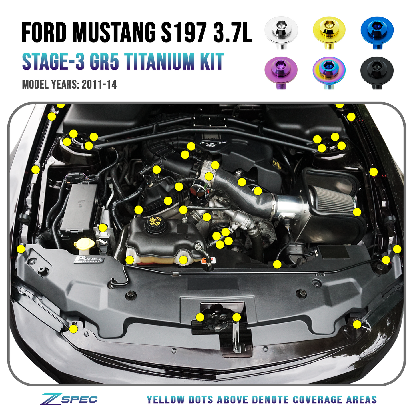 ZSPEC "Stage 3" Dress Up Bolts® Fastener Kit for 11-14 Ford Mustang 3.7L S197, Stainless & Billet