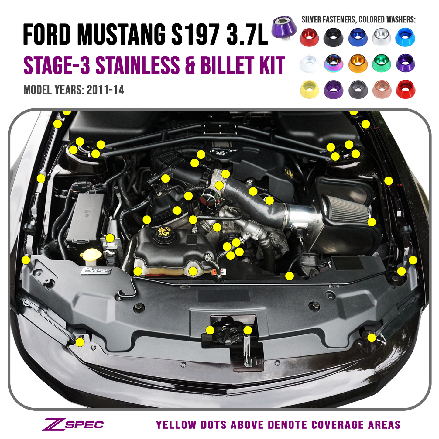 ZSPEC "Stage 3" Dress Up Bolts® Fastener Kit for '11-14 Ford Mustang V6 S197, Stainless & Billet