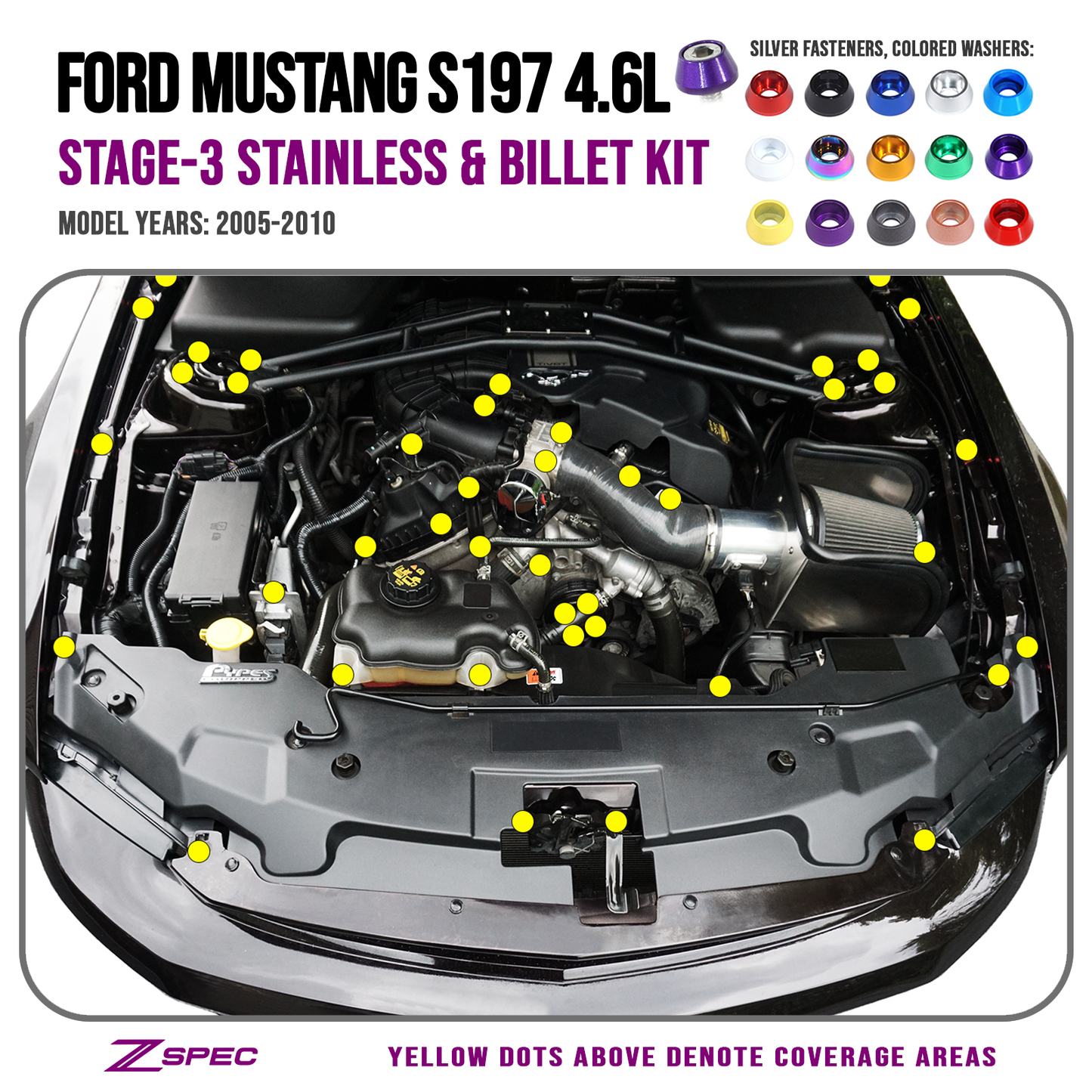 ZSPEC Stage-3 Dress Up Bolts® Fastener Kit for 05-10 Ford Mustang 4.6L S197, Stainless & Billet