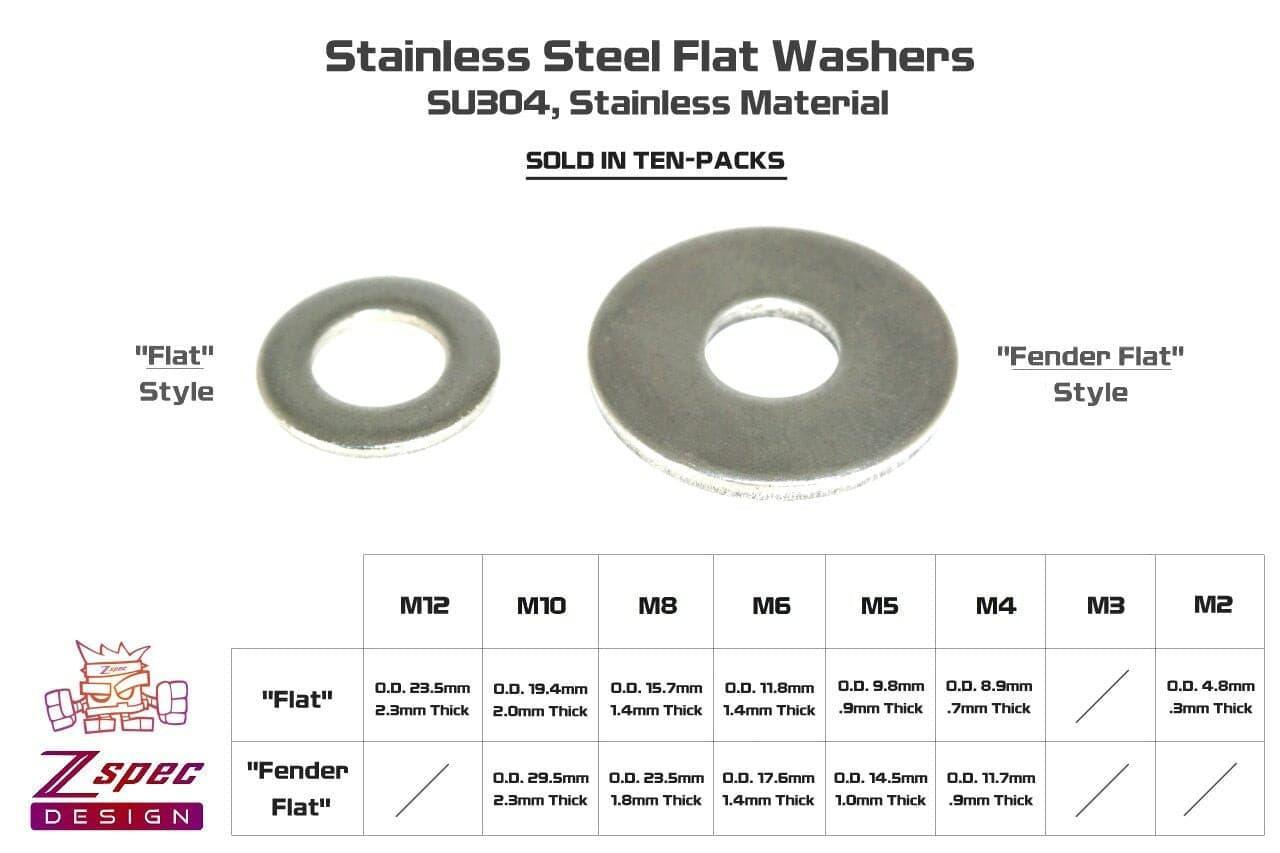 ZSPEC M8 Fender Flat Washers, SUS304 Stainless, 10-Pack