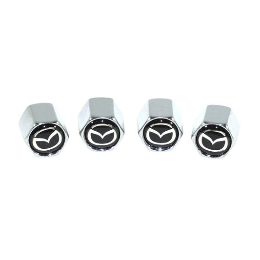 Chrome Valve Stem Tire Caps, Style: MAZDA on Black Background