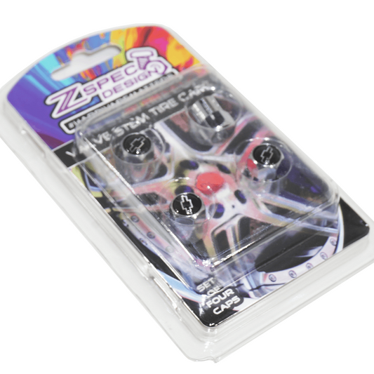 Chrome Valve Stem Tire Caps, Style: Chevy, Black & Chrome Bow-Tie