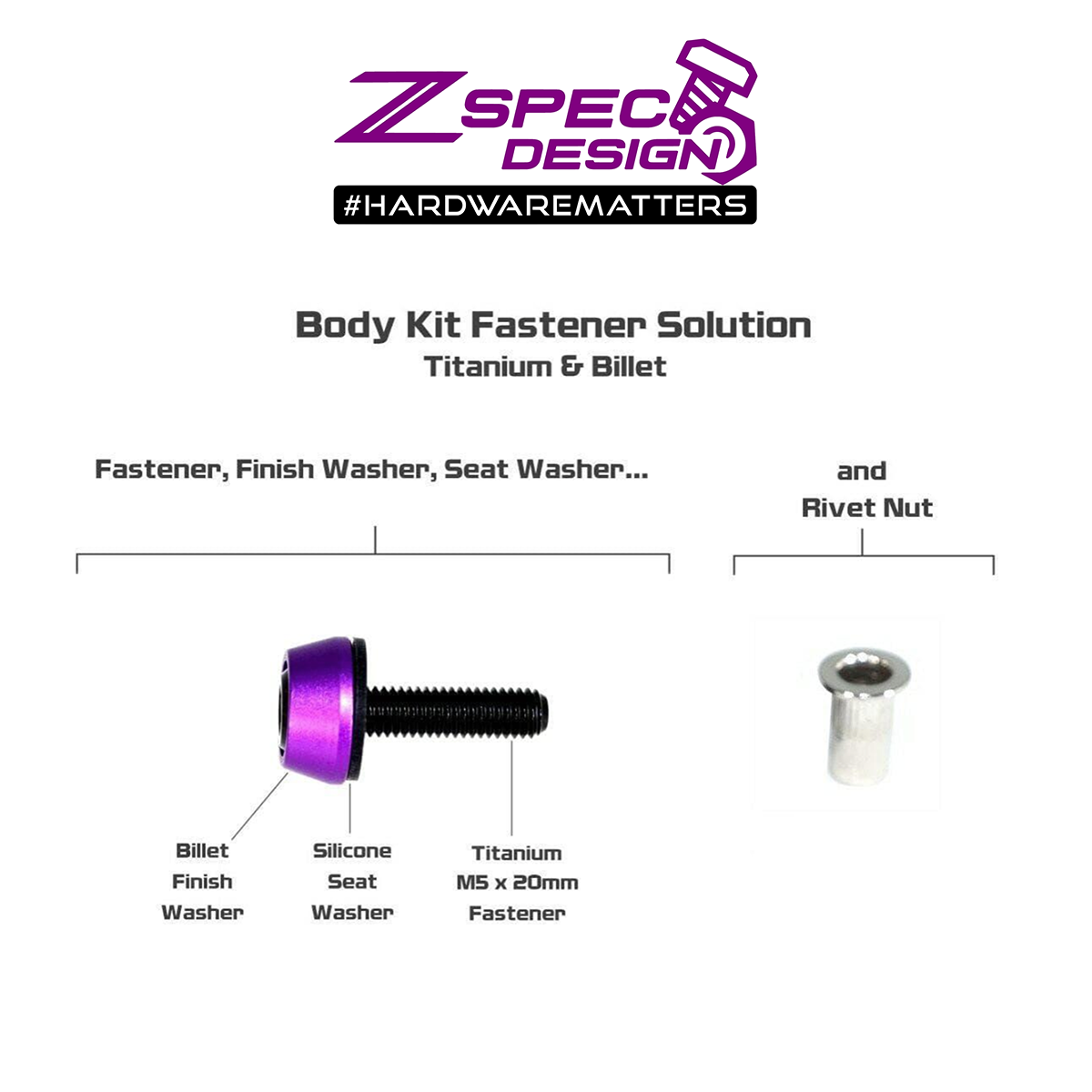 ZSPEC Body Kit Fastener, M5x20mm Titanium & Billet w/RIVET NUT, Sold per each