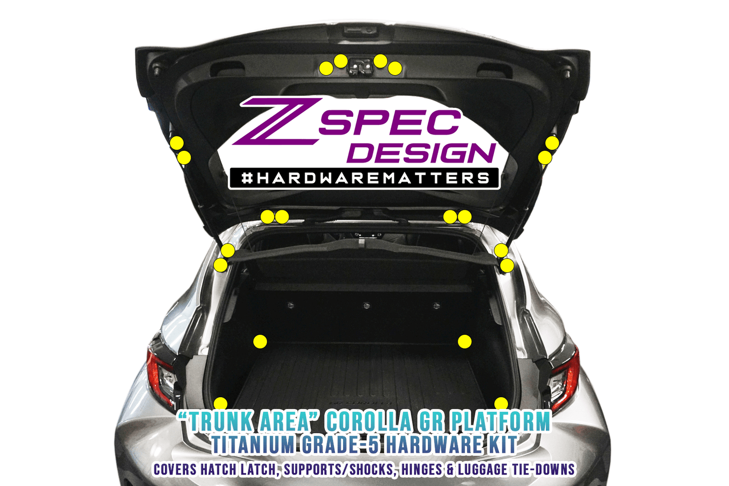 ZSPEC Trunk-Area Fastener Kit for the GR Corolla, Hinges/Struts/Latch/Tie-Down Hooks, Titanium