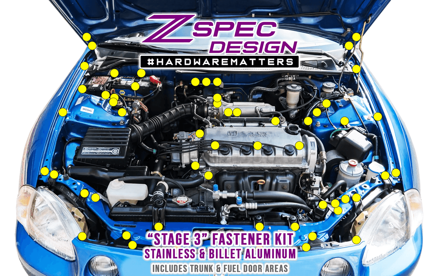ZSPEC "Stage 3" Dress Up Bolts® Fastener Kit for '97-99 Honda Civic/Del Sol 1.6L D-Series, Stainless & Billet