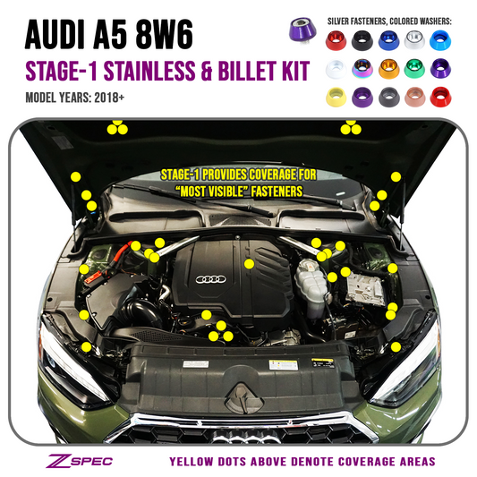 ZSPEC "Stage 1" Dress Up Bolts® Fastener Kit for '18-22+ Audi A5 8W6 2.0L, Stainless & Billet