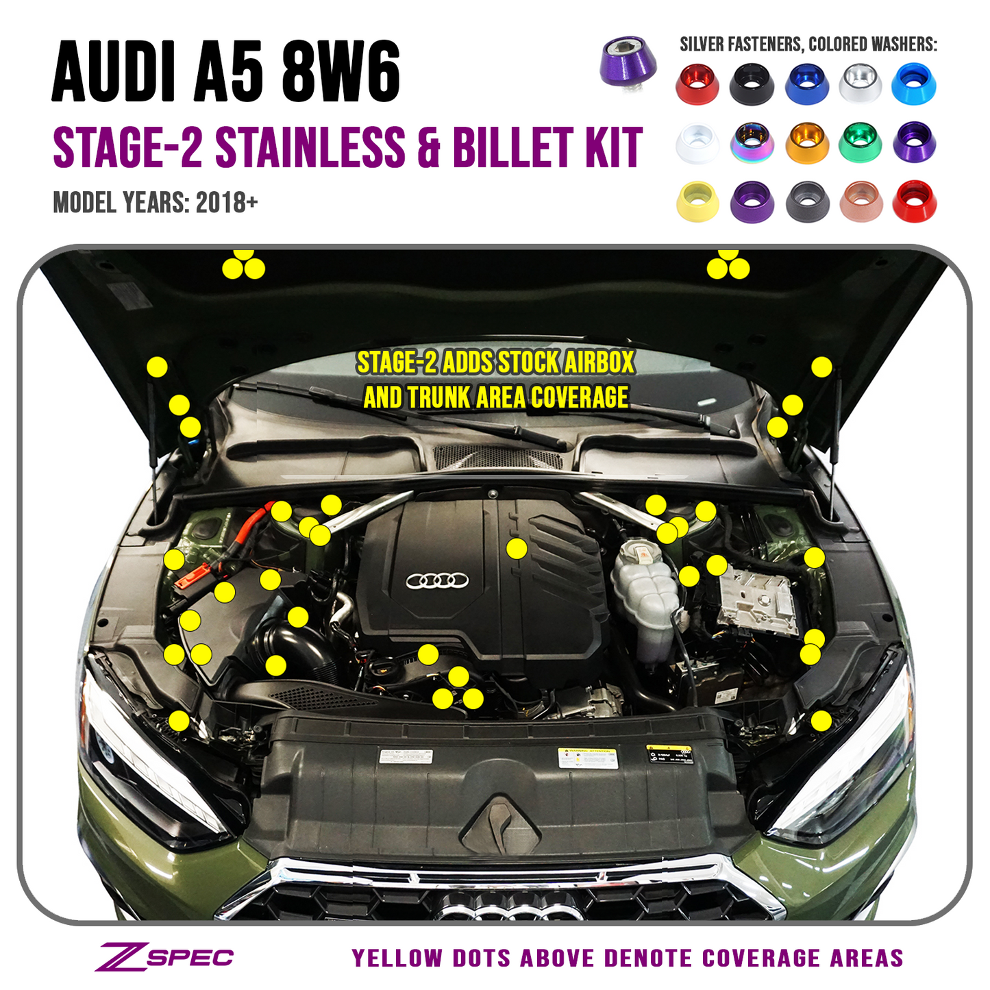 ZSPEC "Stage 2" Dress Up Bolts® Fastener Kit for '18-22+ Audi A5 8W6 2.0L, Stainless & Billet