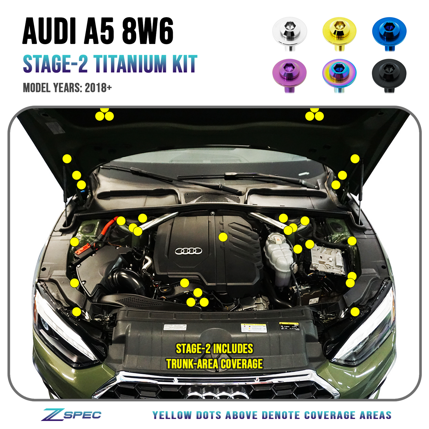 ZSPEC "Stage 2" Dress Up Bolts® Fastener Kit for '18-23+ Audi A5 8W6 2.0L, Titanium