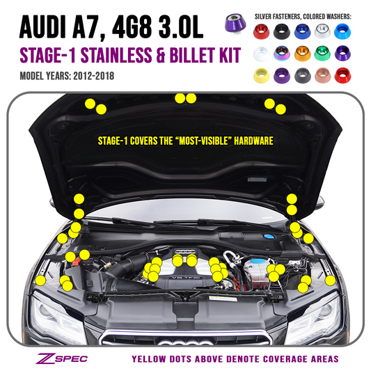 ZSPEC "Stage 1" Dress Up Bolts® Fastener Kit for '12-18 Audi A7 4G8 3.0L, Stainless & Billet