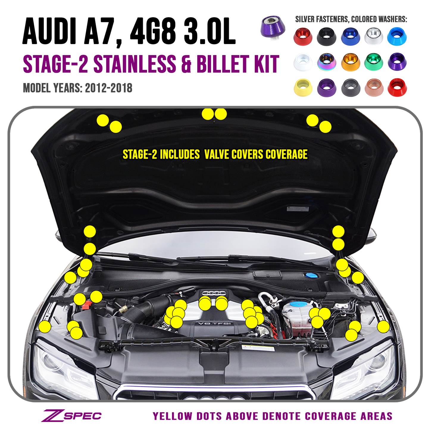 ZSPEC "Stage 2" Dress Up Bolts® Fastener Kit for '12-18 Audi A7 4G8 3.0L, Stainless & Billet