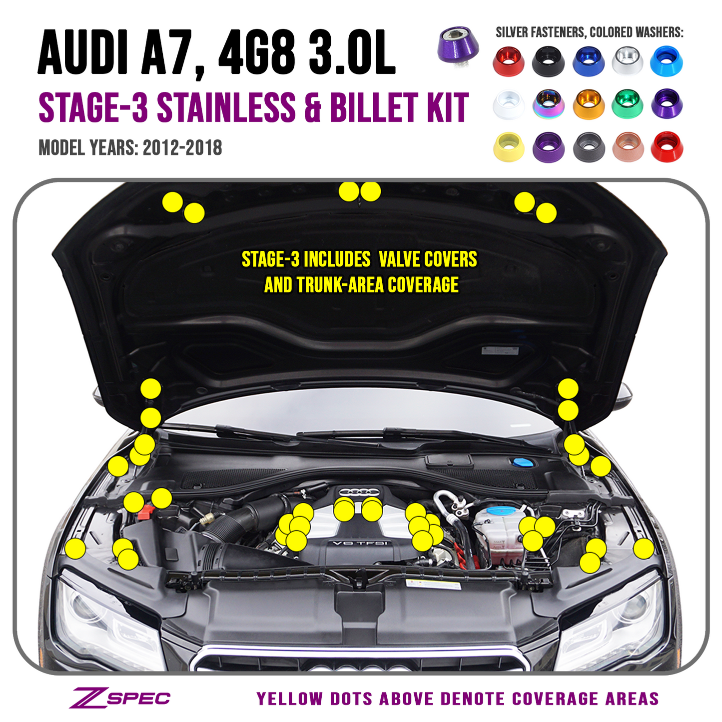 ZSPEC "Stage 3" Dress Up Bolts® Fastener Kit for '12-18 Audi A7 4G8 3.0L, Stainless & Billet
