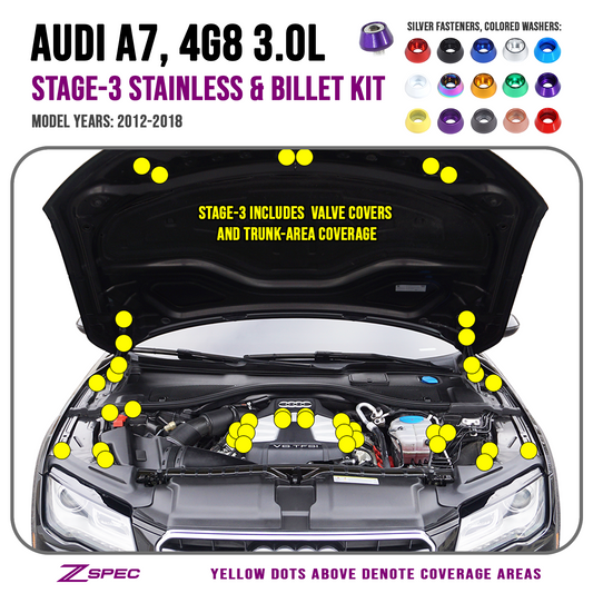 ZSPEC "Stage 3" Dress Up Bolts® Fastener Kit for '12-18 Audi A7 4G8 3.0L, Stainless & Billet