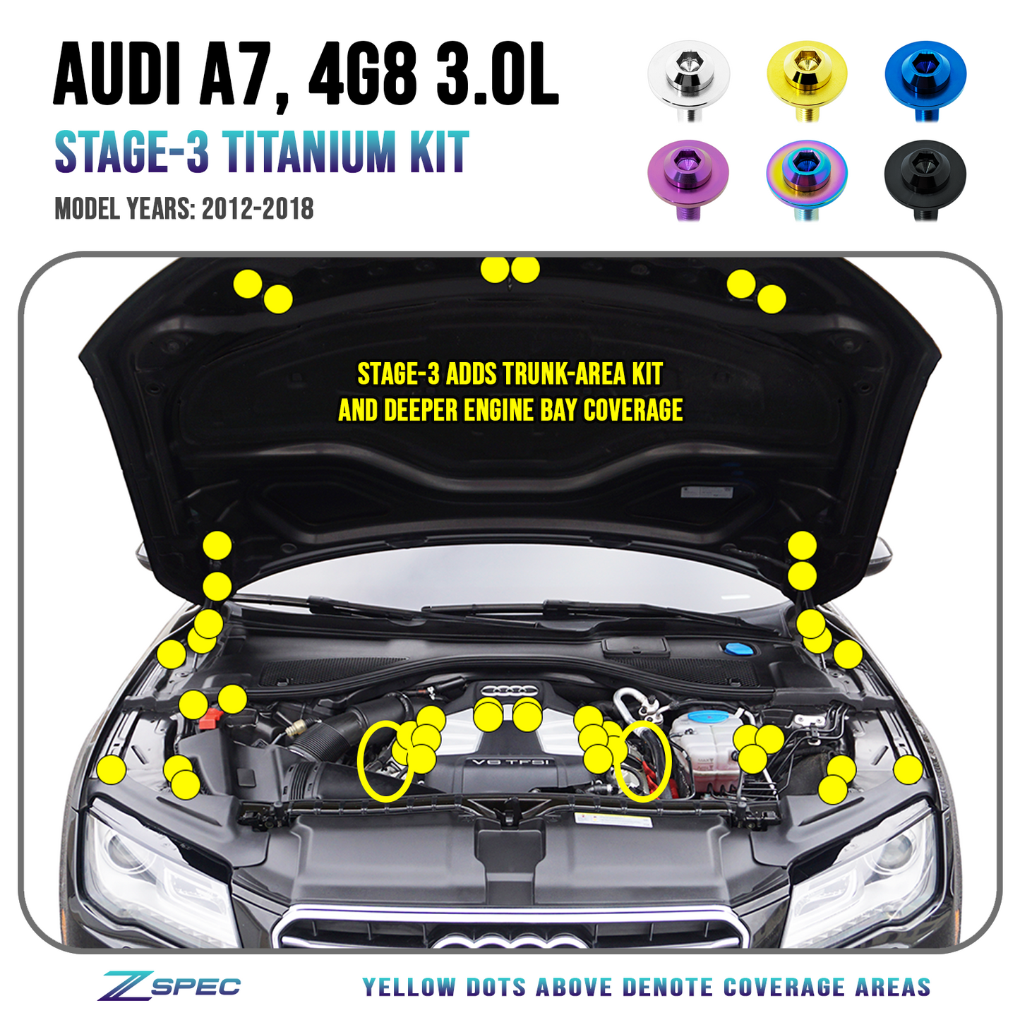 ZSPEC "Stage 3" Dress Up Bolts® Fastener Kit for '12-18 Audi A7 4G8 3.0L, Titanium