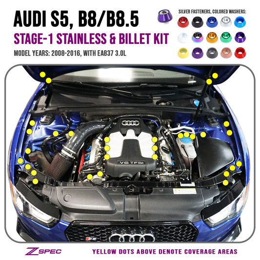 ZSPEC "Stage 1" Dress Up Bolts® Fastener Kit for Audi S5 B8 3.0L, Stainless & Billet