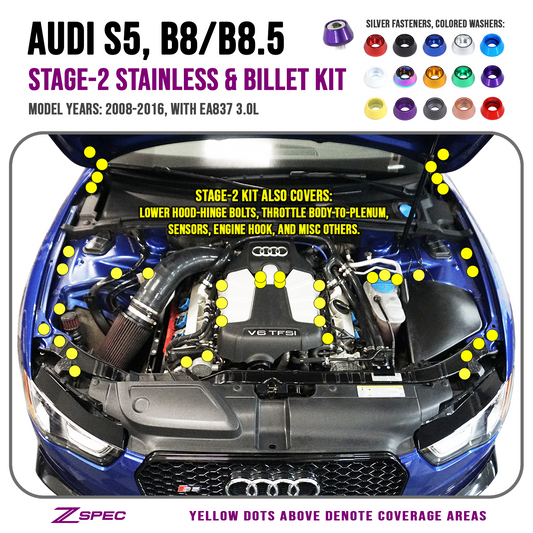 ZSPEC "Stage 2" Dress Up Bolts® Fastener Kit for Audi S5 B8 3.0L, Stainless & Billet