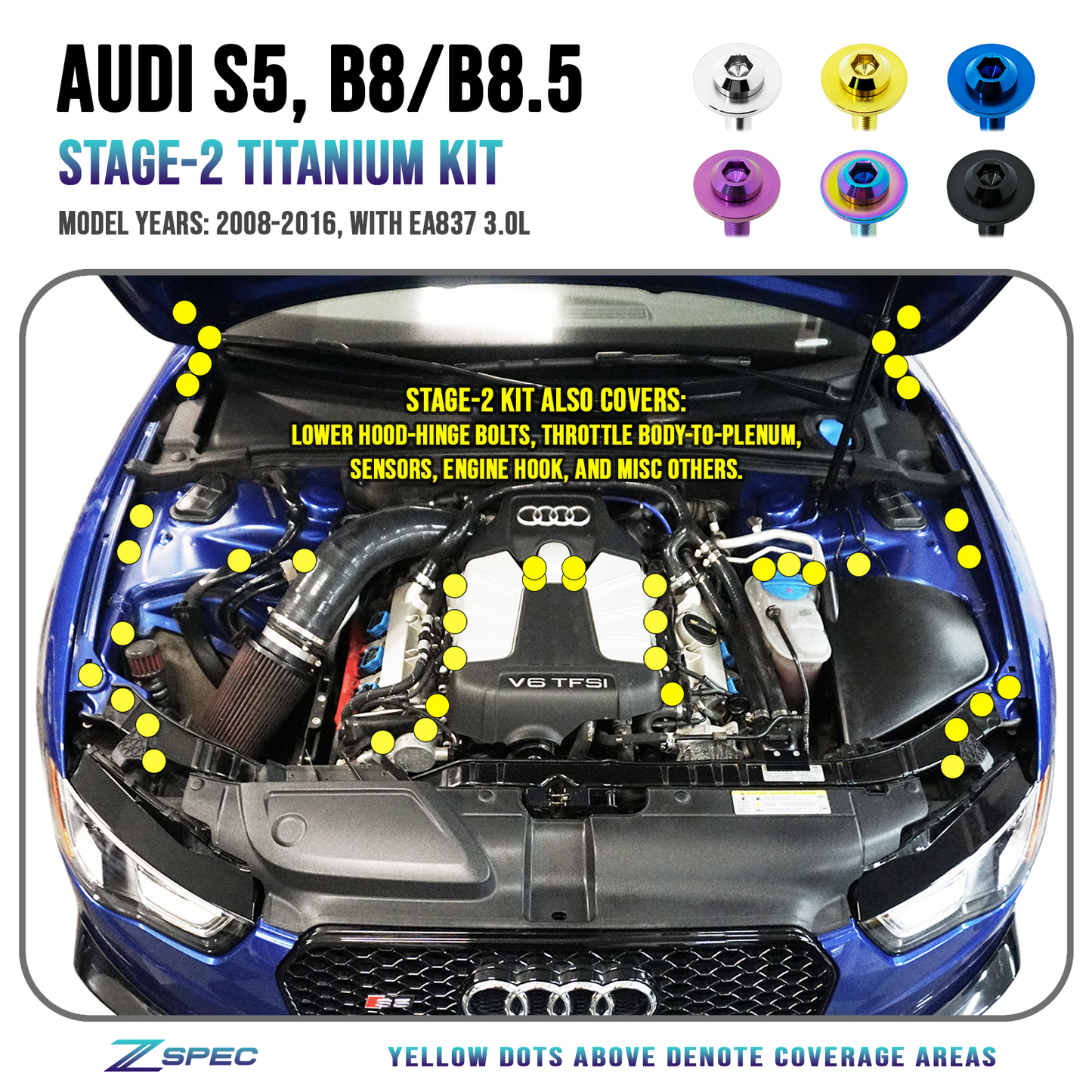 ZSPEC "Stage 2" Dress Up Bolts® Fastener Kit for Audi S5 B8 EA837 3.0L, Titanium