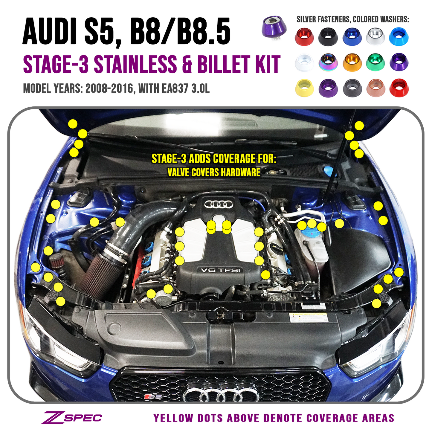 ZSPEC "Stage 3" Dress Up Bolts® Fastener Kit for Audi S5 B8 3.0L, Stainless & Billet