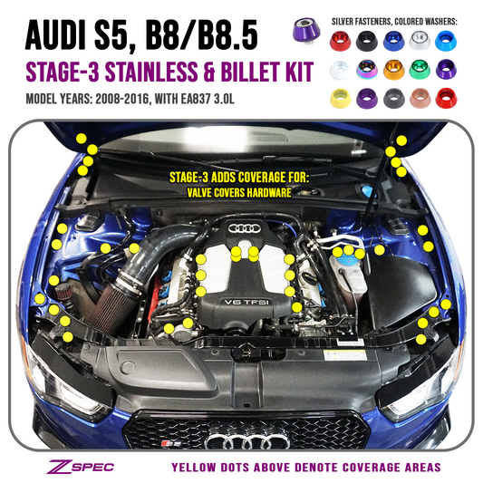 ZSPEC "Stage 3" Dress Up Bolts® Fastener Kit for Audi S5 B8 3.0L, Stainless & Billet
