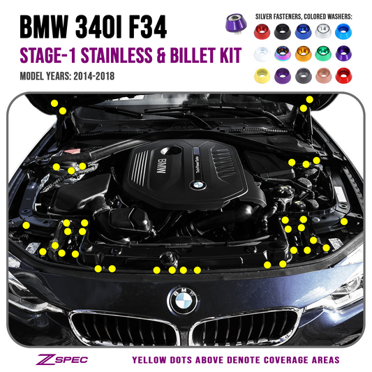 ZSPEC "Stage 1" Dress Up Bolts® Fastener Kit for '14-18 BMW 340i F34 3.0T, Stainless & Billet