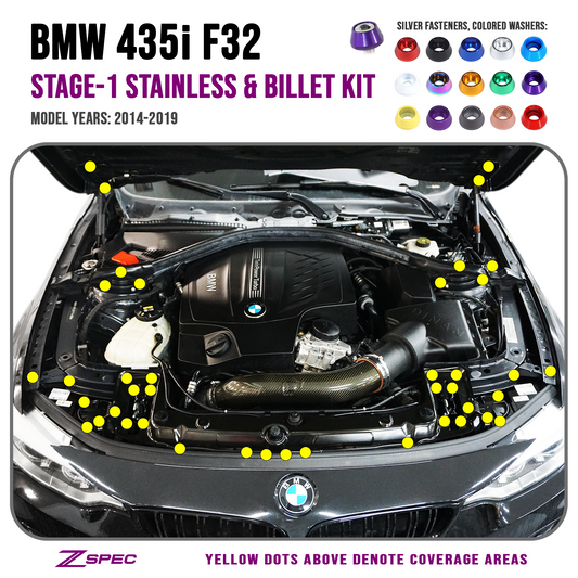 ZSPEC "Stage 1" Dress Up Bolts® Fastener Kit for '14-19 BMW 435i F32 3.0T, Stainless & Billet