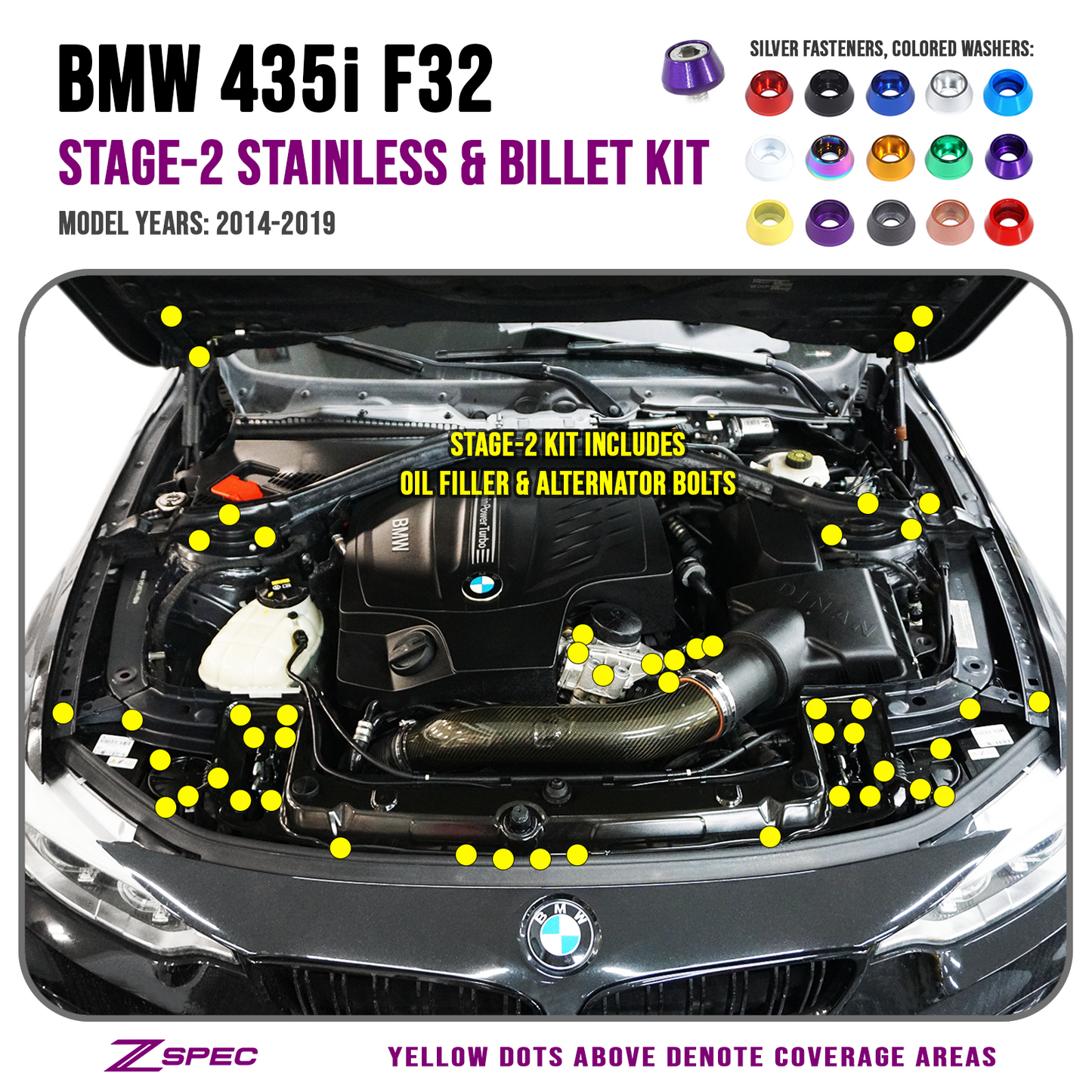 ZSPEC "Stage 2" Dress Up Bolts® Fastener Kit for '14-19 BMW 435i F32 3.0T, Stainless & Billet