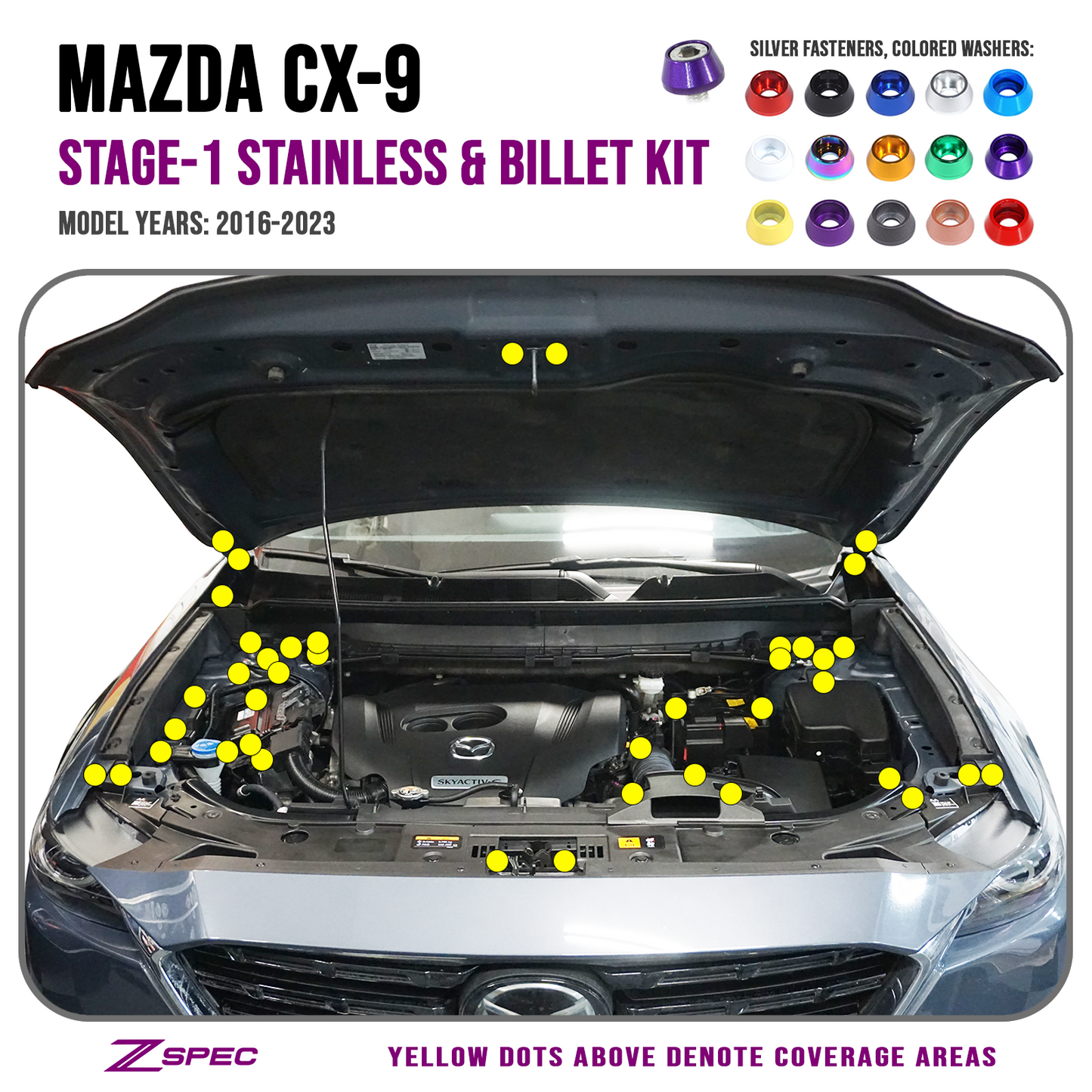 ZSPEC "Stage 1" Dress Up Bolts® Fastener Kit for '16-23 Mazda CX-9, Stainless & Billet