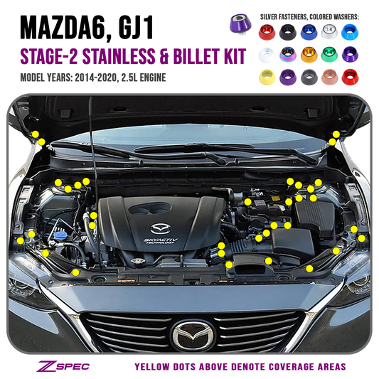 ZSPEC "Stage 2" Dress Up Bolts® Fastener Kit for '14-20 Mazda6 2.5L, Stainless & Billet