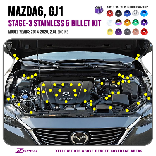 ZSPEC "Stage 3" Dress Up Bolts® Fastener Kit for '14-20 Mazda6 2.5L, Stainless & Billet