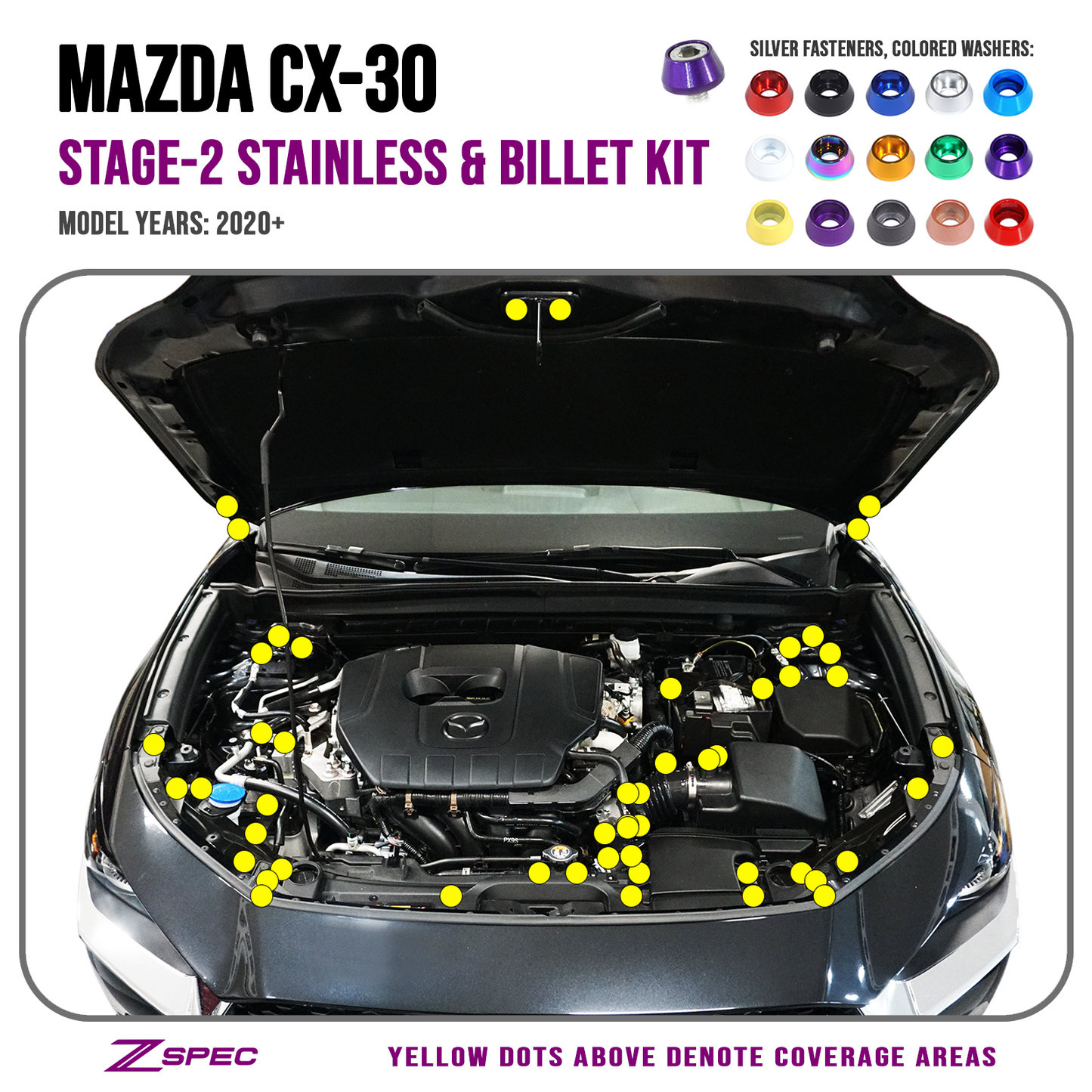 ZSPEC "Stage 2" Dress Up Bolts® Fastener Kit for 2020-2024 Mazda CX-30, Stainless & Billet