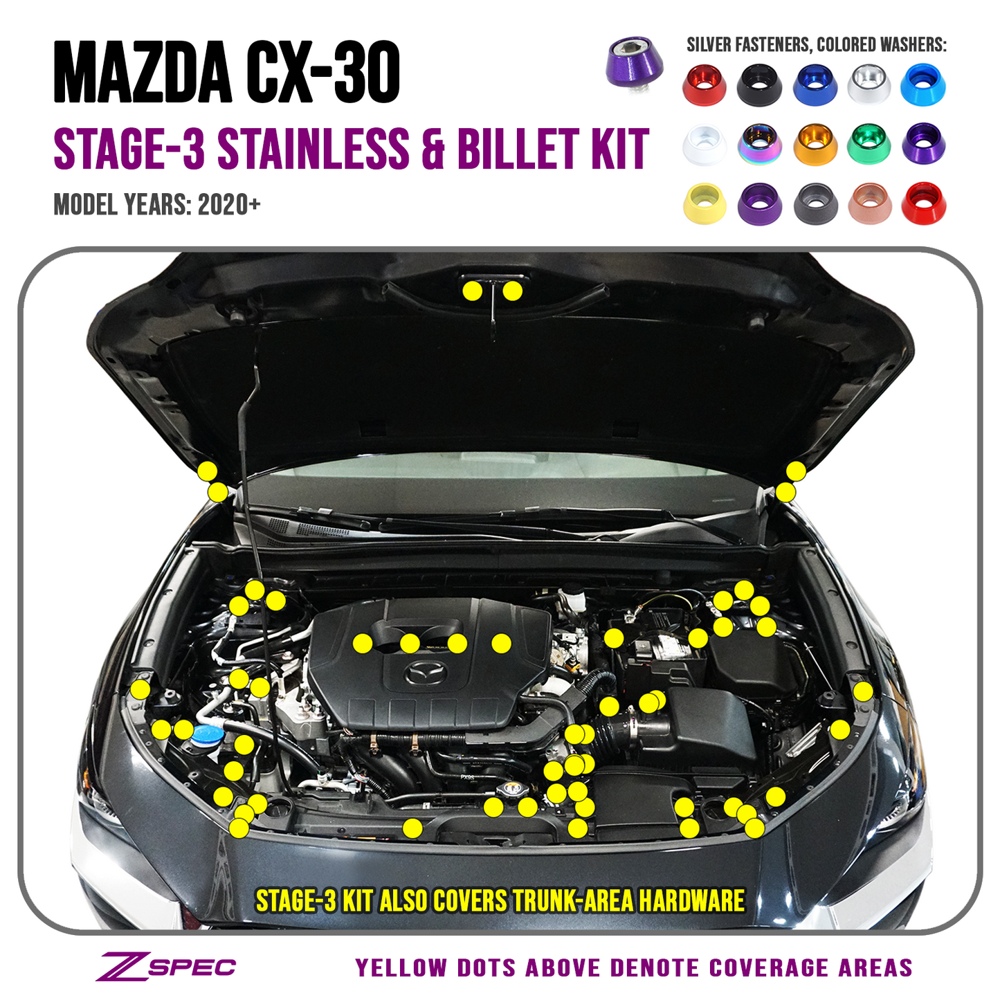 ZSPEC "Stage 3" Dress Up Bolts® Fastener Kit for 2020-2024 Mazda CX-30, Stainless & Billet