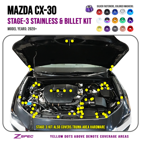 ZSPEC "Stage 3" Dress Up Bolts® Fastener Kit for 2020-2024 Mazda CX-30, Stainless & Billet