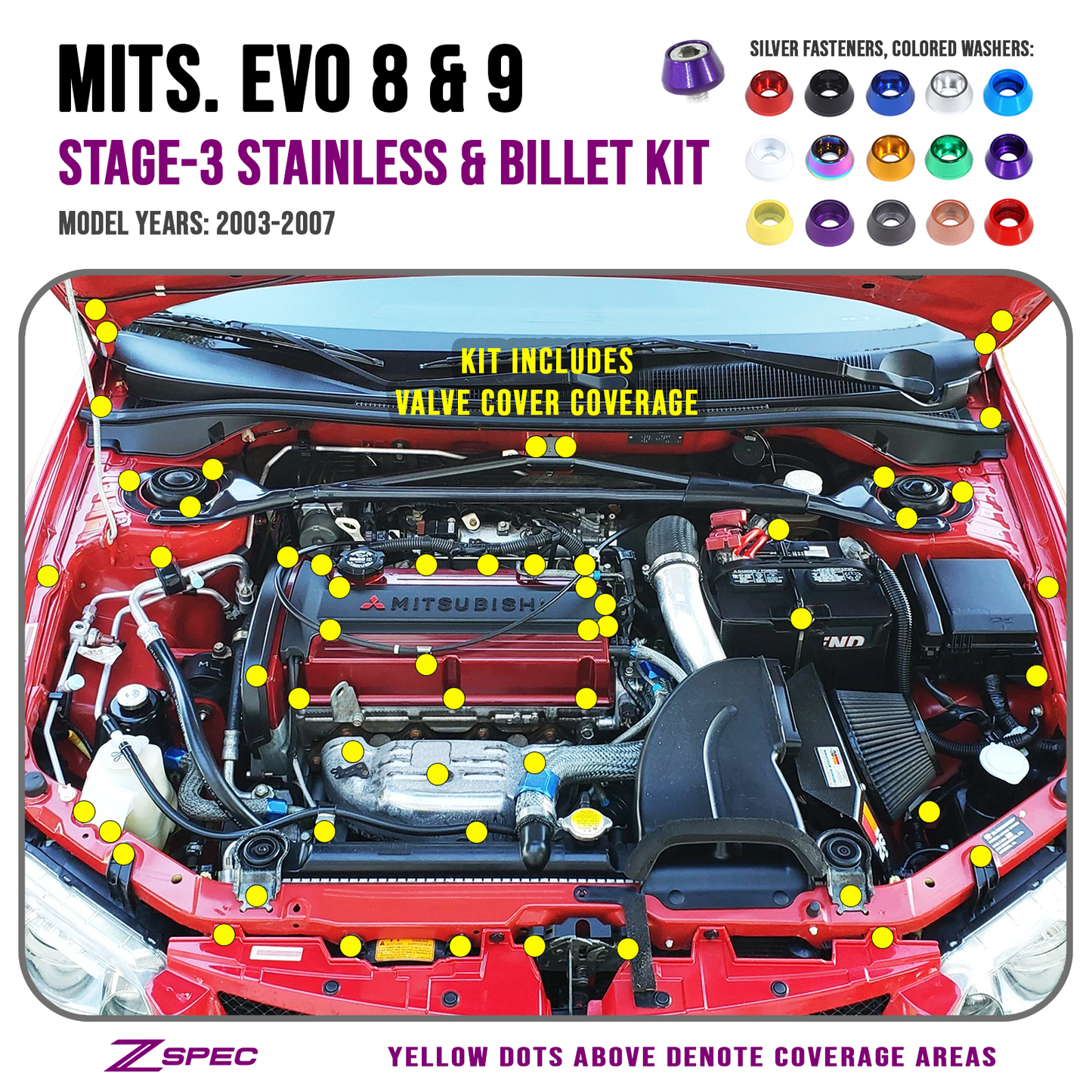 ZSPEC "Stage 3" Dress Up Bolts® Fastener Kit for Mitsubishi EVO 8 & 9, Stainless & Billet