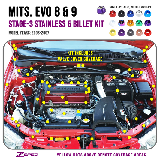 ZSPEC "Stage 3" Dress Up Bolts® Fastener Kit for Mitsubishi EVO 8 & 9, Stainless & Billet