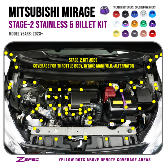 ZSPEC "Stage 2" Dress Up Bolts® Fastener Kit for '23+ Mitsubishi Mirage, Stainless & Billet