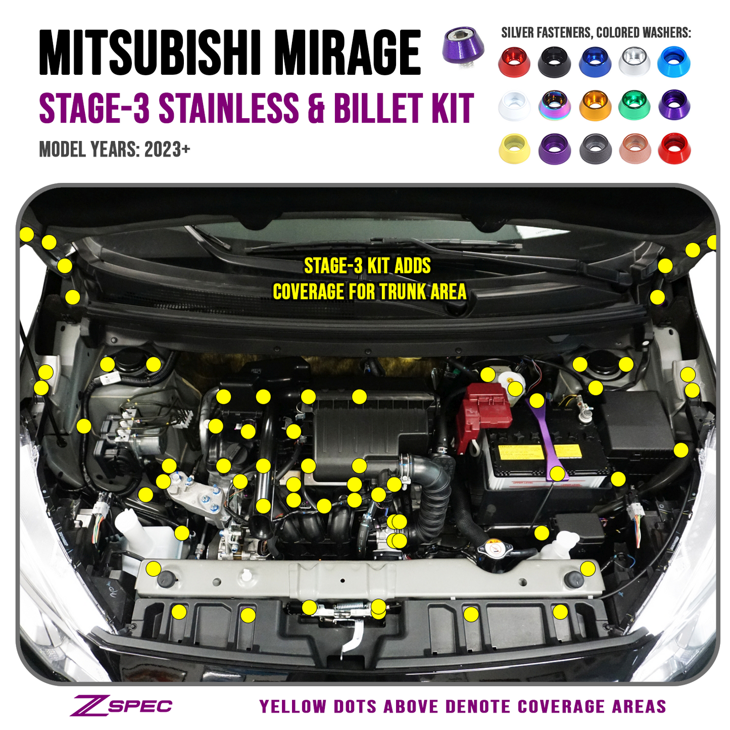 ZSPEC "Stage 3" Dress Up Bolts® Fastener Kit for '23+ Mitsubishi Mirage, Stainless & Billet