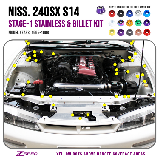 ZSPEC "Stage 1" Dress Up Bolts® Fastener Kit for '95-98 Nissan 240SX S14, Stainless & Billet